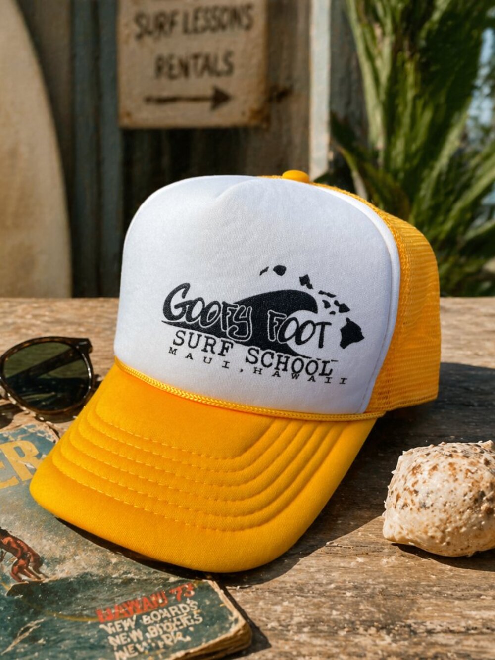 Goofy Foot Surf School Maui Hawaii Foam Trucker Hat Yellow Mesh Cap